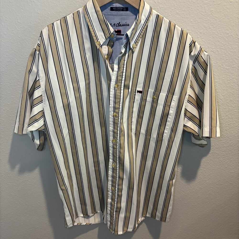 B.B. Classic Men’s Tan & White Striped Button Down Short Sleeve Shirt Size L